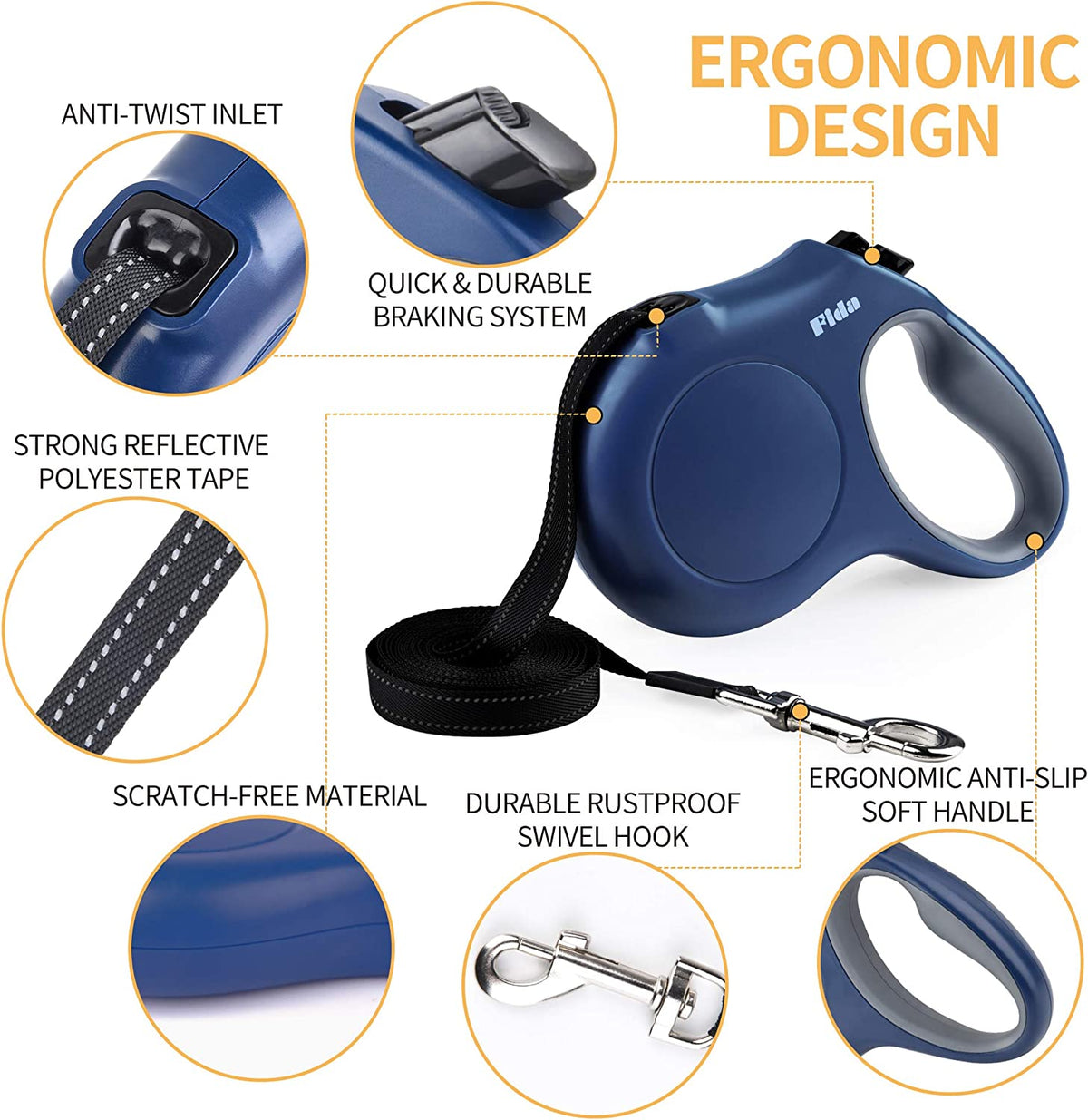 Navy Blue 16 Ft Retractable Dog Leash with Integrated Dispenser and Poop Bags