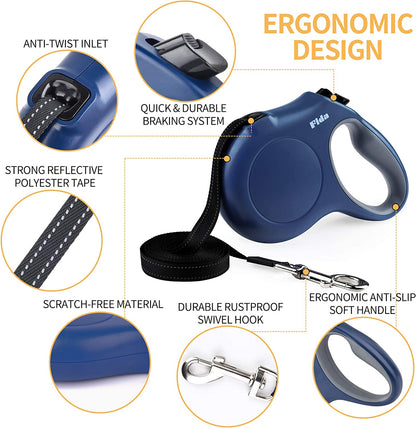 Navy Blue 16 Ft Retractable Dog Leash with Integrated Dispenser and Poop Bags