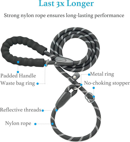 Premium Durable Slip Lead Dog Leash - 1/2" x 6 FT, Black with Padded Handle and Reflective Threads for Ultimate Control