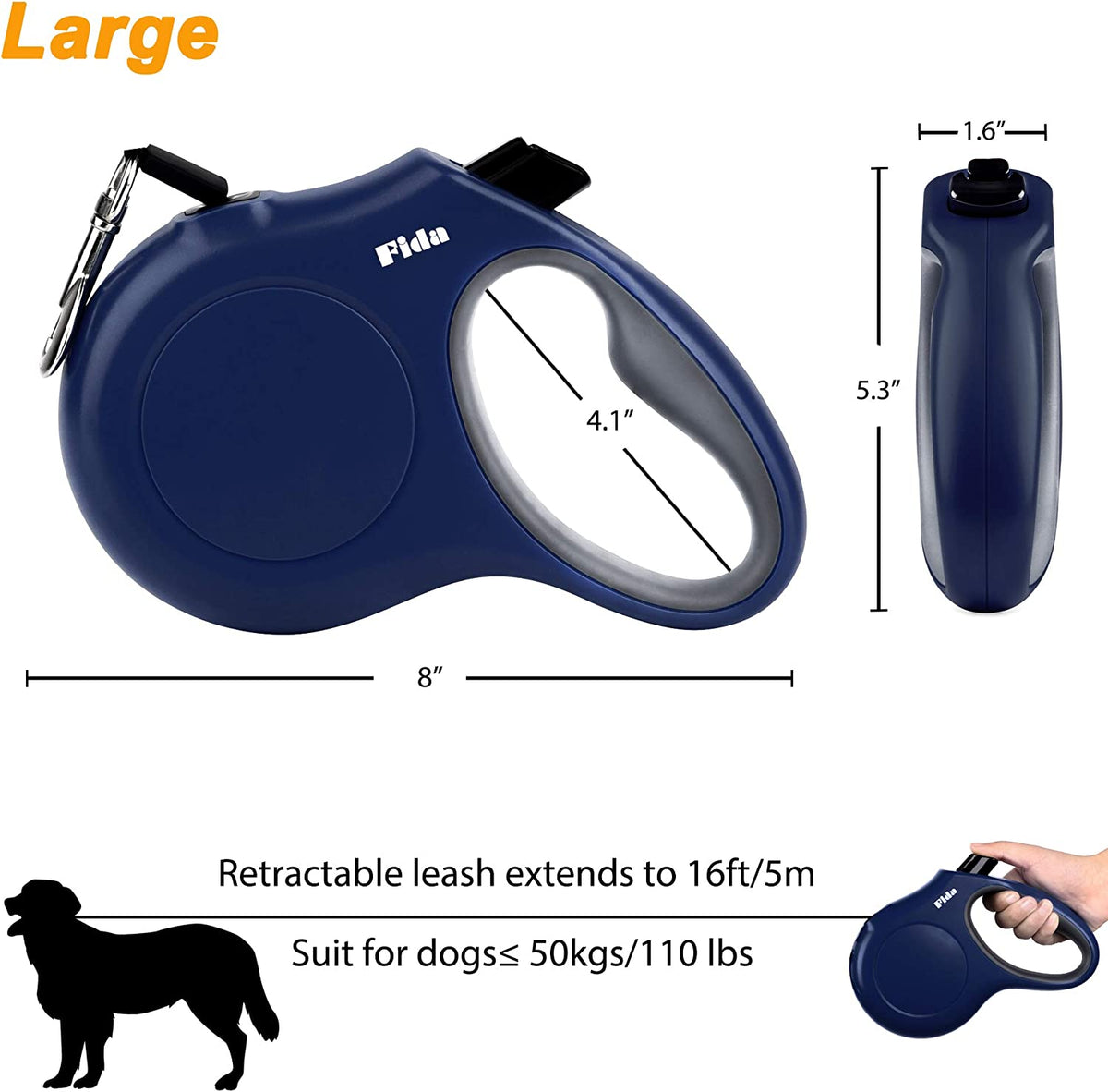 Navy Blue 16 Ft Retractable Dog Leash with Integrated Dispenser and Poop Bags