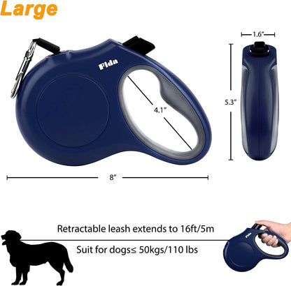 Navy Blue 16 Ft Retractable Dog Leash with Integrated Dispenser and Poop Bags