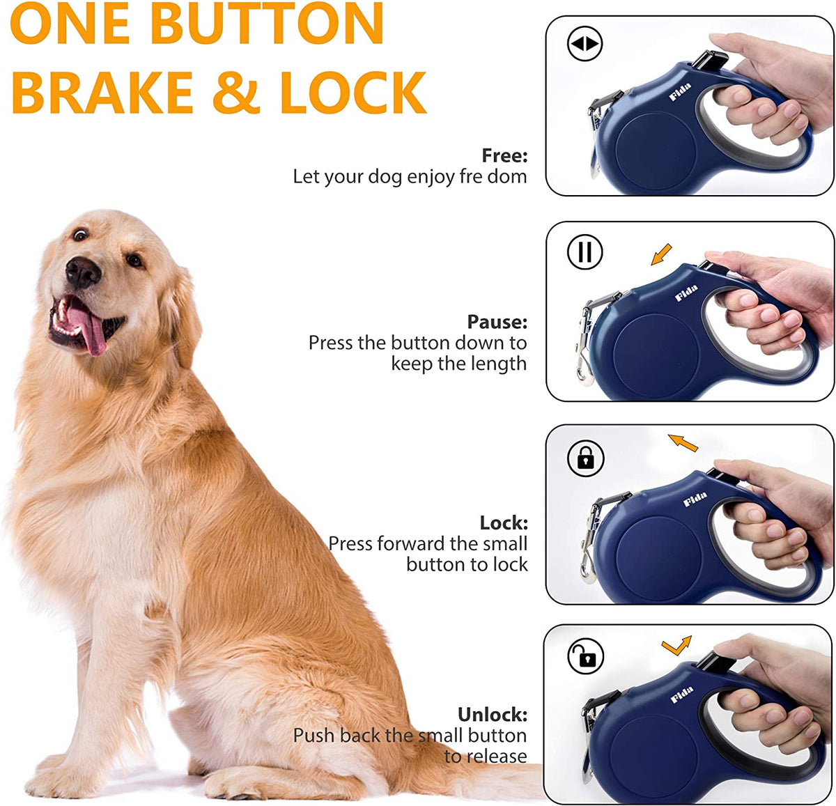 Navy Blue 16 Ft Retractable Dog Leash with Integrated Dispenser and Poop Bags